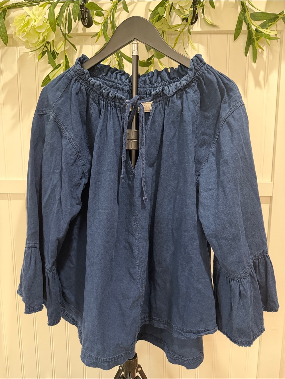 #901 WE THE FREE Indigo Blue Peasant Blouse with Ruched Yolk, Bell Sleeves